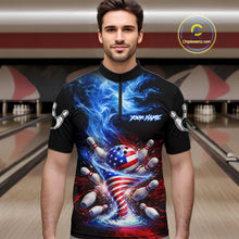 Load image into Gallery viewer, Personalized Fire Flame American Flag Tornado Bowling Team Shirts For Men Patriotic Bowling Gifts NYN2723