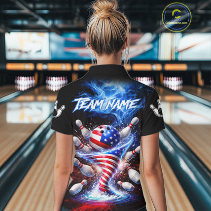 Personalized Fire Flame American Flag Tornado Bowling Team Shirts For Women Patriotic Bowling Gifts NYN2723