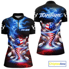 Load image into Gallery viewer, Personalized Fire Flame American Flag Tornado Bowling Team Shirts For Women Patriotic Bowling Gifts NYN2723