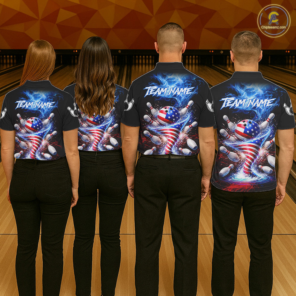 Personalized Fire Flame American Flag Tornado Bowling Team Shirts For Men Patriotic Bowling Gifts NYN2723