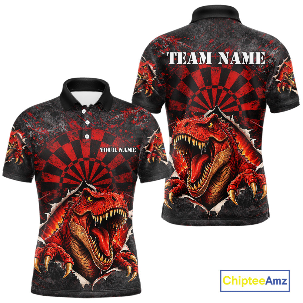 Custom Red Grunge Dart Polo & Quarter Zip Shirt For Men Dinosaur Funny Darts Team Jersey NYN2868