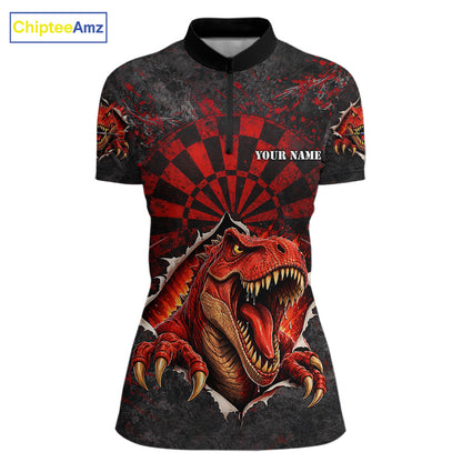 Custom Red Grunge Dart Polo & Quarter Zip Shirt For Women Dinosaur Funny Darts Team Jersey NYN2868