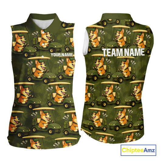 Funny Women Golf Sleeveless Polo Shirt Custom Brown And Green Golfing Dog Pattern Golf Clothing Shirts NYN2872