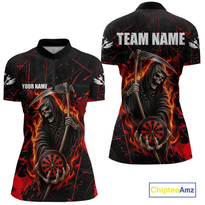Fire Flame Red Grim Reaper Darts Polo & 1/4-Zip Shirt Custom Red Grunge Dart Jersey For Women NYN3083