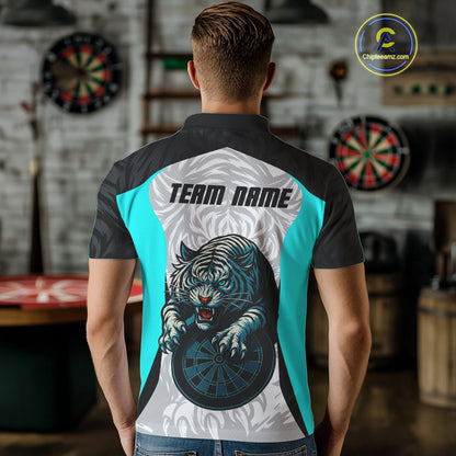 Men’s Darts Team Shirt Turquoise Tiger And Dartboard With Name Option NYN0307
