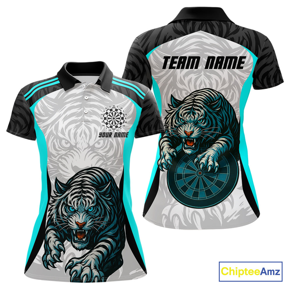 Women’s Darts Team Shirt Turquoise Tiger And Dartboard With Name Option NYN0307