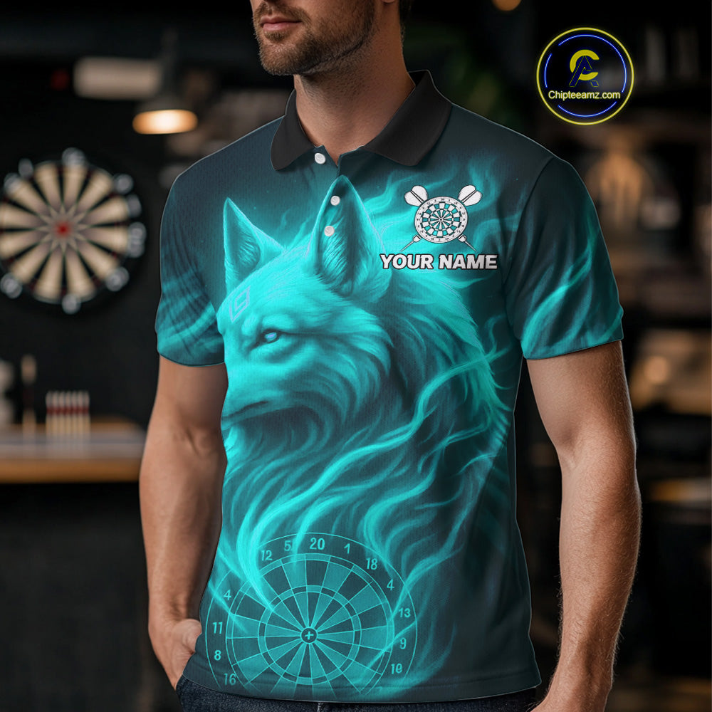 Turquoise Flaming Wolf Dartboard Darts Shirt For Men - Custom Team Jersey For Players NYN0576