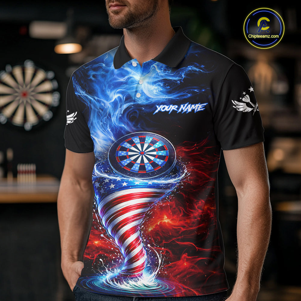 Blue & Red US Flag Dartboard Tornado Men Darts Polo Shirt Custom Patriotic Dart Team Jerseys NYN2524