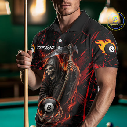Fire Flame 8 Ball Pool Men Billiard Shirt Custom Red Grunge Grim Reaper Billiard Jersey For Pooler NYN3087