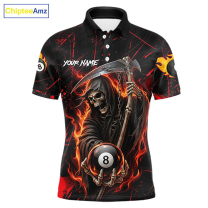 Fire Flame 8 Ball Pool Men Billiard Shirt Custom Red Grunge Grim Reaper Billiard Jersey For Pooler NYN3087