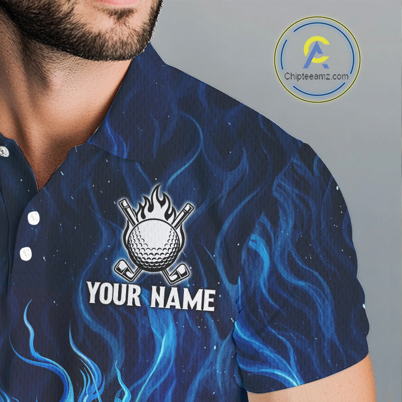 Mens Golf Polo Shirt Personalized Fire Flame Golf Ball Clothing Golf Tops For Golfers | Blue NYN3259