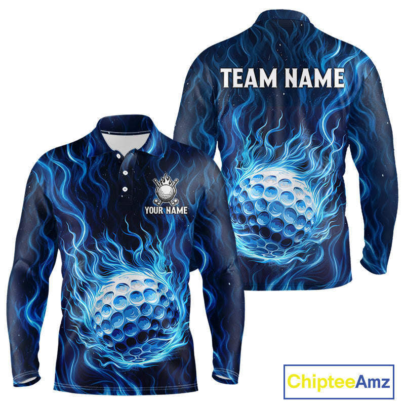 Mens Golf Polo Shirt Personalized Fire Flame Golf Ball Clothing Golf Tops For Golfers | Blue NYN3259