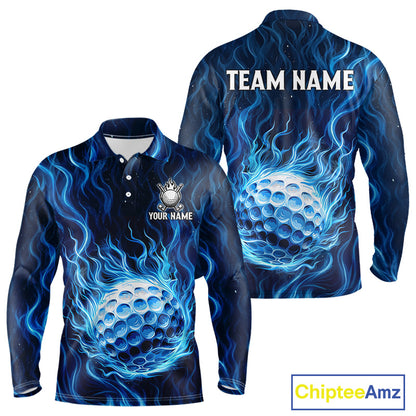 Mens Golf Polo Shirt Personalized Fire Flame Golf Ball Clothing Golf Tops For Golfers | Blue NYN3259