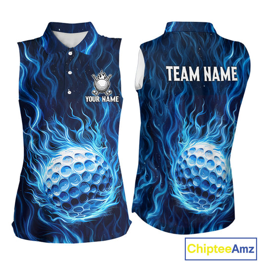 Womens Golf Sleeveless Polo Shirt Personalized Fire Flame Golf Ball Clothing Golf Tops For Golfers | Blue NYN3259