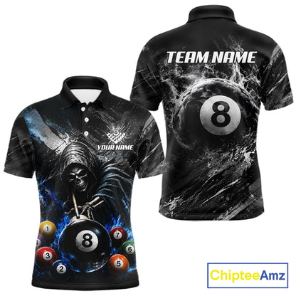 Blue White Smokes Grim Reaper men's billiard polo shirt custom 8 ball pool jersey, personalized billiards team uniform