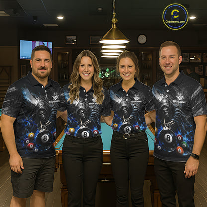 Men women billiard team wearing Blue White Smokes Grim Reaper custom billiards uniforms, personalized team jerseys