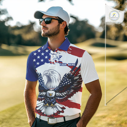 Men's model wearing US Flag Eagle Golf Polo Shirt, patriotic golf apparel, custom golf team clothing, veteran golf outfit, American flag golf fashion, performance polo.