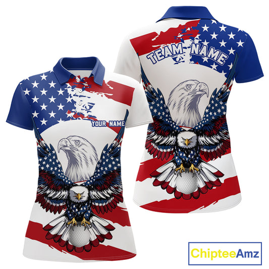 US Flag Eagle Women's Golf Polo Shirt mockup with patriotic eagle artwork, personalized golf polo, custom golf team apparel, moisture-wicking performance golf shirt, USA golf clothing, golf tournament uniform.