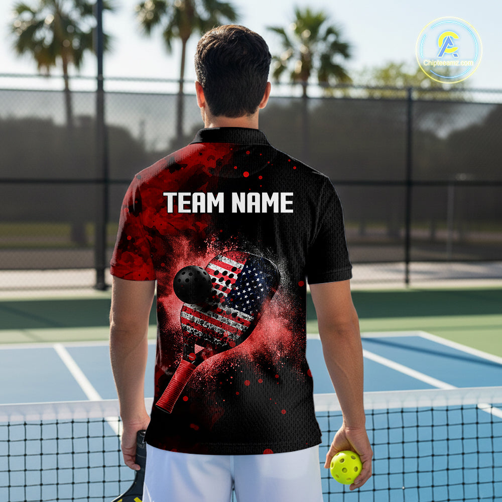 Custom Black And Red Paddle & Ball Pickleball Jerseys Men US Flag Pickleball Shirts NYN2222