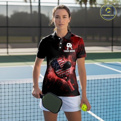 Custom Black And Red Paddle & Ball Pickleball Jerseys Women US Flag Pickleball Shirts NYN2222