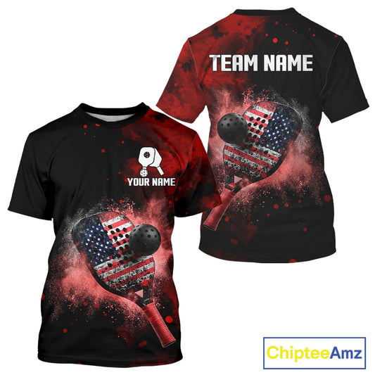 Custom Black And Red Paddle & Ball Pickleball Jerseys Men US Flag Pickleball Shirts NYN2222
