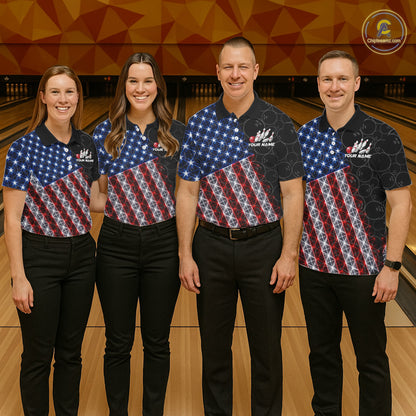 Lightning American Flag Black Bowling Shirts For Women Custom Patriotic Team Bowling Jersey NYN3272