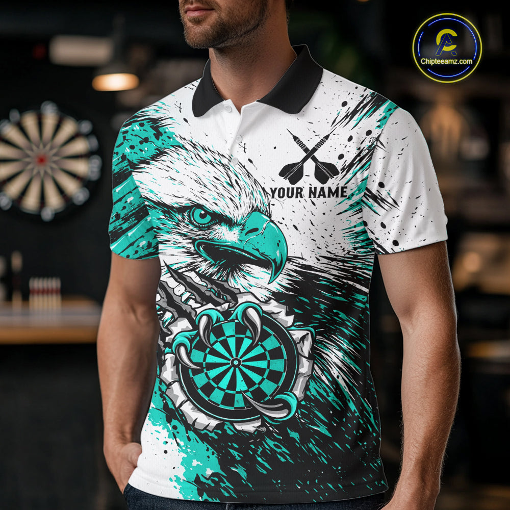Male darts player wearing Custom Turquoise Grunge Eagle Scratch Dartboard darts jersey during league match and tournament competition, personalized dart apparel