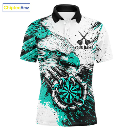 Custom Turquoise Grunge Eagle Scratch Dartboard men's darts polo shirt, personalized dart team jersey, custom dart uniform, dart league apparel, tournament darts shirt, professional dartboard polo