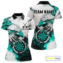 Load image into Gallery viewer, Custom Turquoise Grunge Eagle Scratch Dartboard women's darts polo shirt, personalized dart team jersey, custom dart uniform, dart league apparel, ladies dart shirt, tournament darts jersey, professional dartboard polo