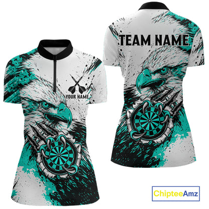 Custom Turquoise Grunge Eagle Scratch Dartboard women's quarter zip darts shirt, personalized dart team jersey, custom darts apparel, competitive darts uniform, dartboard quarter zip shirt