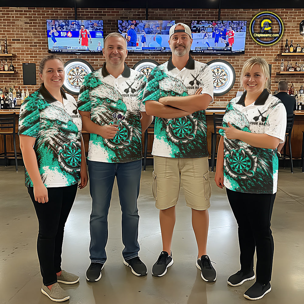 Men women darts team wearing Custom Turquoise Grunge Eagle Scratch Dartboard matching team uniforms, professional dart league jerseys and tournament apparel