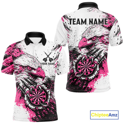 Custom Pink Grunge Eagle Scratch Dartboard men's darts polo shirt, personalized dart team jersey, custom dartboard polo, dart league apparel, tournament darts uniform, professional darts shirt