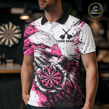 Male darts player wearing Custom Pink Grunge Eagle Scratch Dartboard darts jersey during tournament and league competition, personalized dart team apparel