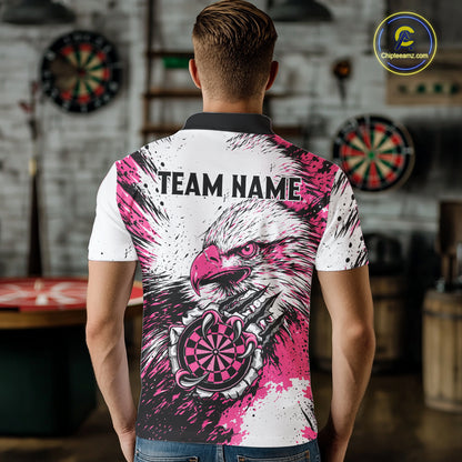 Male darts player wearing Custom Pink Grunge Eagle Scratch Dartboard darts jersey during tournament and league competition, personalized dart team apparel