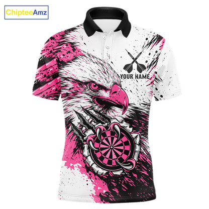 Custom Pink Grunge Eagle Scratch Dartboard men's darts polo shirt, personalized dart team jersey, custom dartboard polo, dart league apparel, tournament darts uniform, professional darts shirt