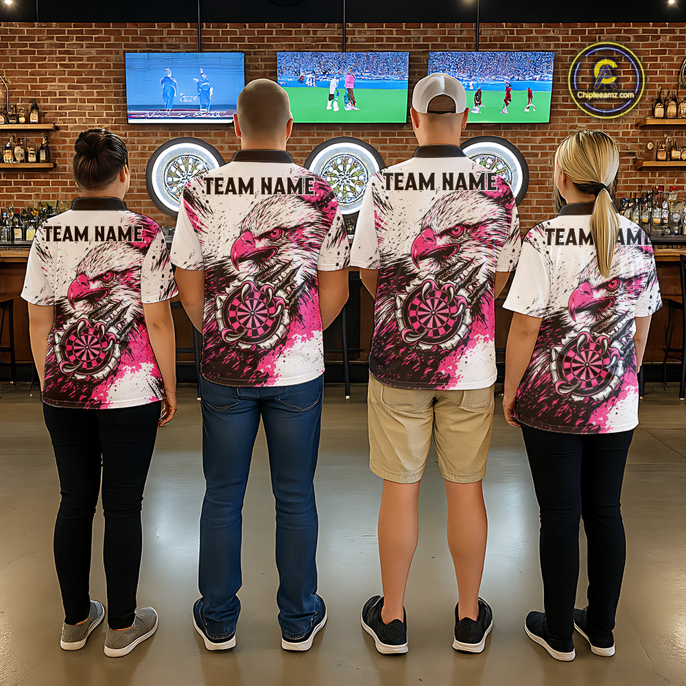 Men women darts team wearing Custom Pink Grunge Eagle Scratch Dartboard personalized team jerseys, professional dart league uniforms and tournament shirts