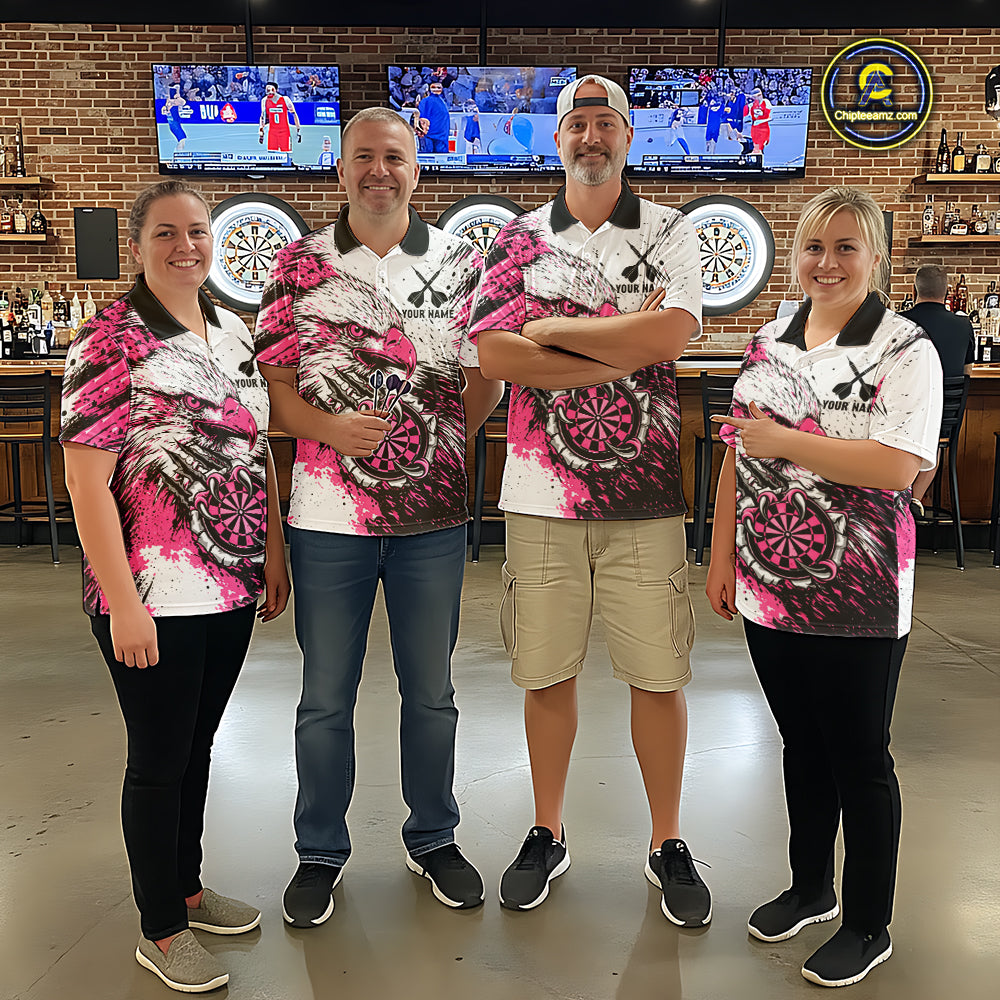 Men women darts team wearing Custom Pink Grunge Eagle Scratch Dartboard personalized team jerseys, professional dart league uniforms and tournament shirts