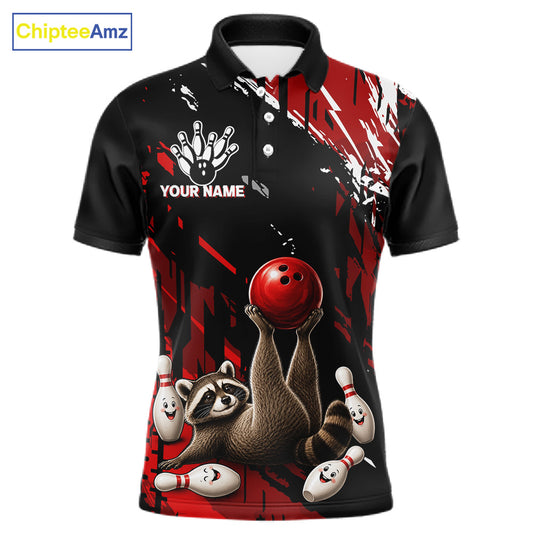 Funny Raccoon Bowling Polo featuring personalized player name, raccoon mascot artwork, moisture-wicking bowling apparel, fun league uniform, custom tournament jersey.