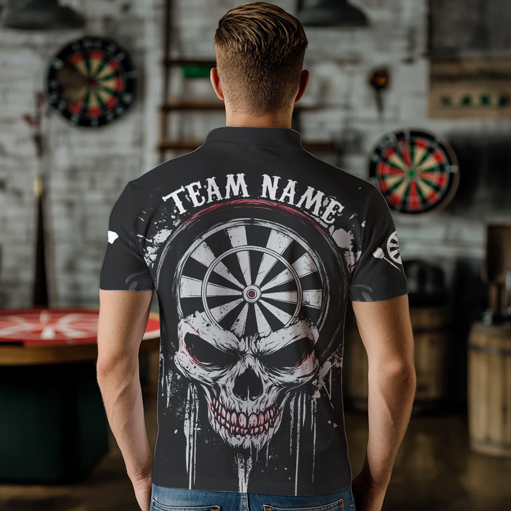 Personalized Skull Black Grunge Polo & 1/4 Zip Darts Shirt For Men, Dart Team Jerseys NYN0005