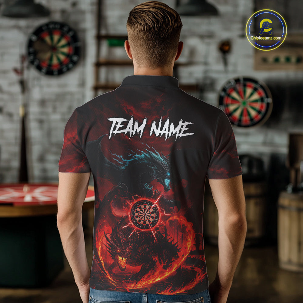 Double Dragon Red & Blue Flaming Dartboard Custom Polo Darts Shirt For Men Dart Gifts NYN2009