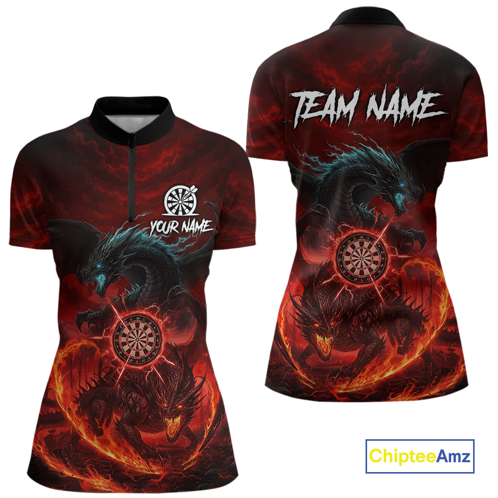 Double Dragon Red & Blue Flaming Dartboard Custom Quarter-Zip Darts Shirt For Women Dart Gifts NYN2009