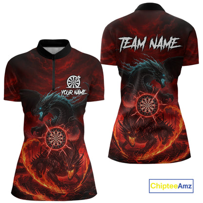 Double Dragon Red & Blue Flaming Dartboard Custom Quarter-Zip Darts Shirt For Women Dart Gifts NYN2009
