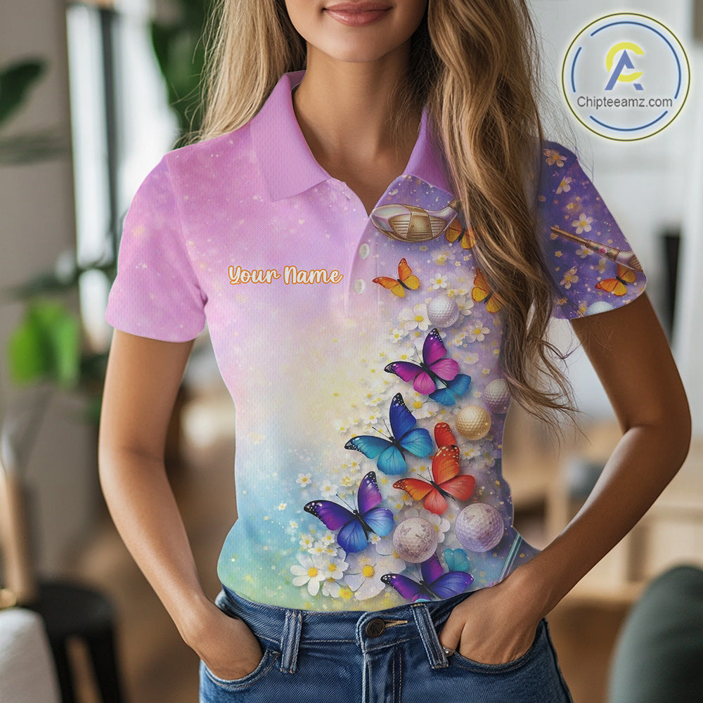 Colorful Butterfly Womens Golf Polo Shirt Custom Name Floral Watercolor Golf Shirts NYN2905