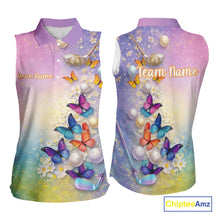 Load image into Gallery viewer, Colorful Butterfly Womens Golf Sleeveless Polo Shirt Custom Name Floral Watercolor Golf Shirts NYN2905