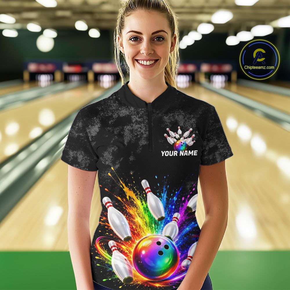 Rainbow Splatter Bowling Ball & Pins Shirt For Women Custom Colorful Paint Bowling Team Outfits NYN3283