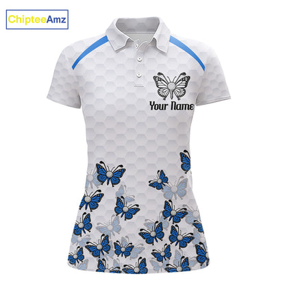 Blue Pattern Butterfly Womens Golf Polo Shirt Custom Name White Ball Golf Clothes Shirts NYN2909
