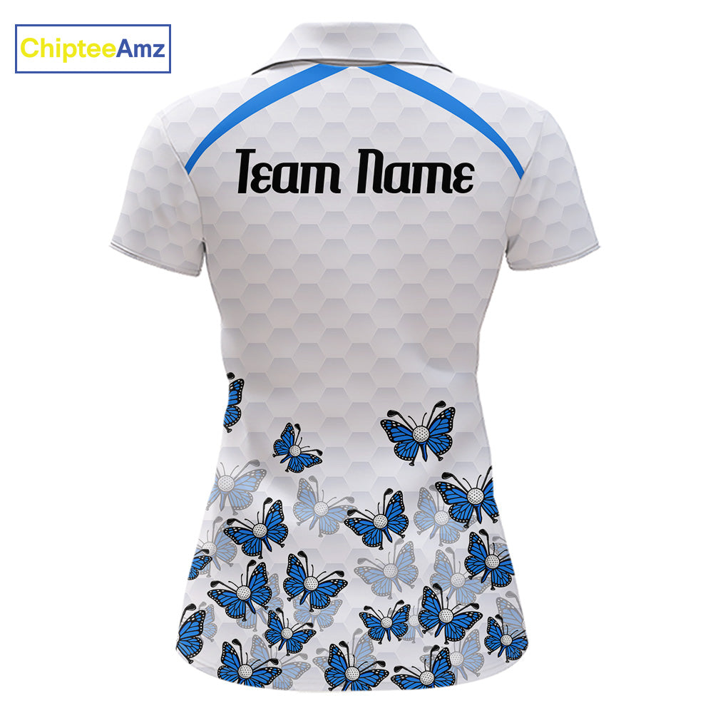 Blue Pattern Butterfly Womens Golf Polo Shirt Custom Name White Ball Golf Clothes Shirts NYN2909