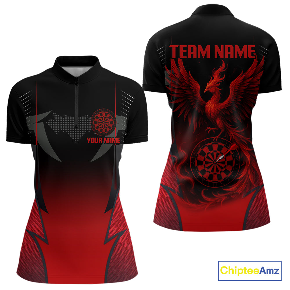 Custom Dart Team Shirt With Black Maroon Phoenix For Women - Personalized Name & Team NYN0333