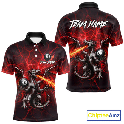 Red flaming dragon 8 ball billiard polo shirt for men custom tournament apparel