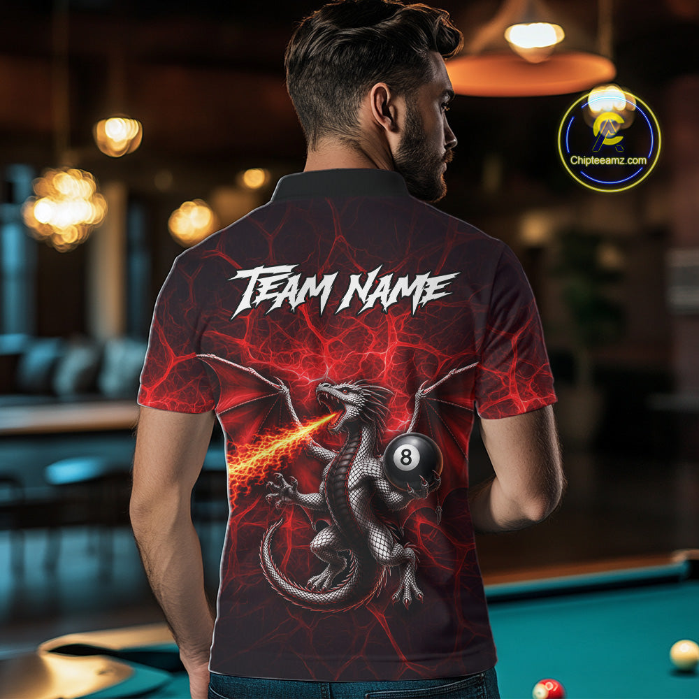 Custom Red Flaming Dragon 8 Ball Billiard Polo Shirts For Men, Dragon Billiard Tournament Team Shirt NYN3289